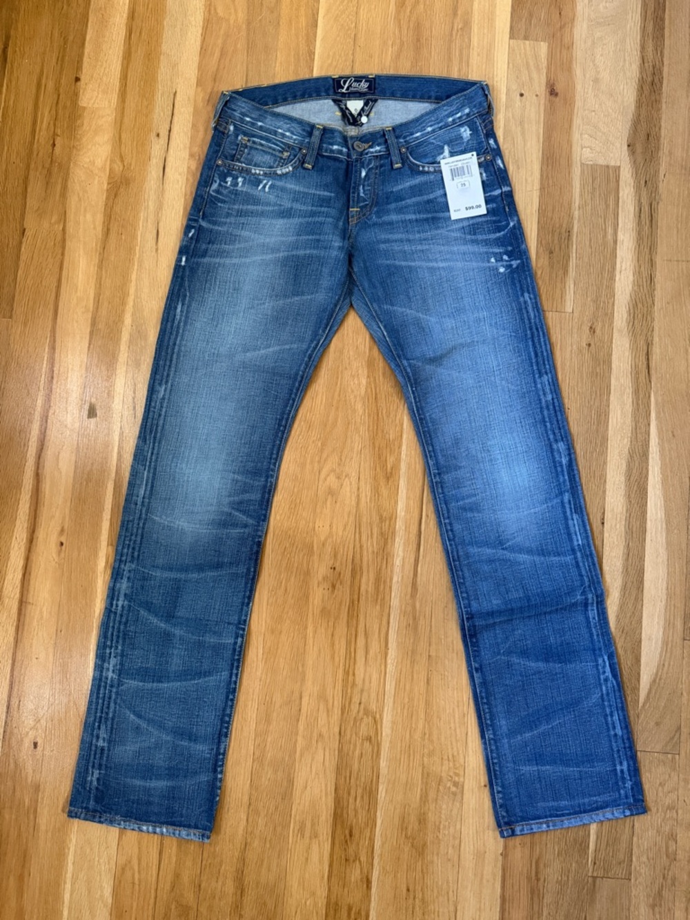 Lucky Brand Riley Jean Distressed Straight Leg 100% Cotton Vintage Wash NWT 25